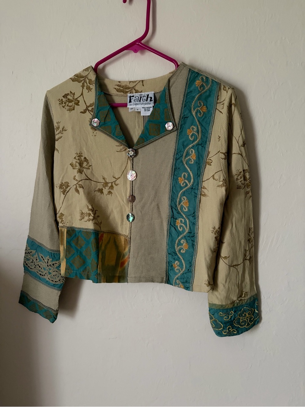 Vintage Faith Beige and Teal Embroidered Patchwork Blouse